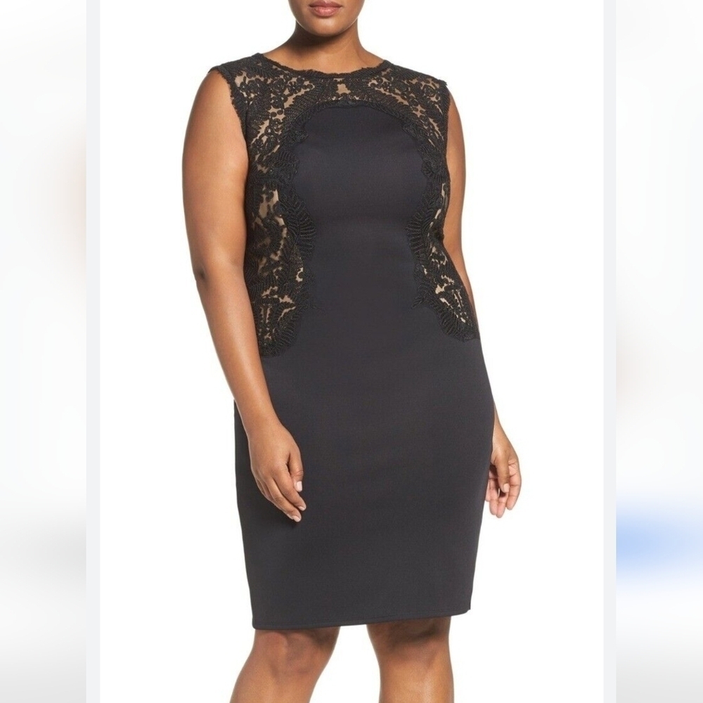 Tadashi Shoji Embroidered Black Lace Sheath V Neck‎ Dress Size 3X